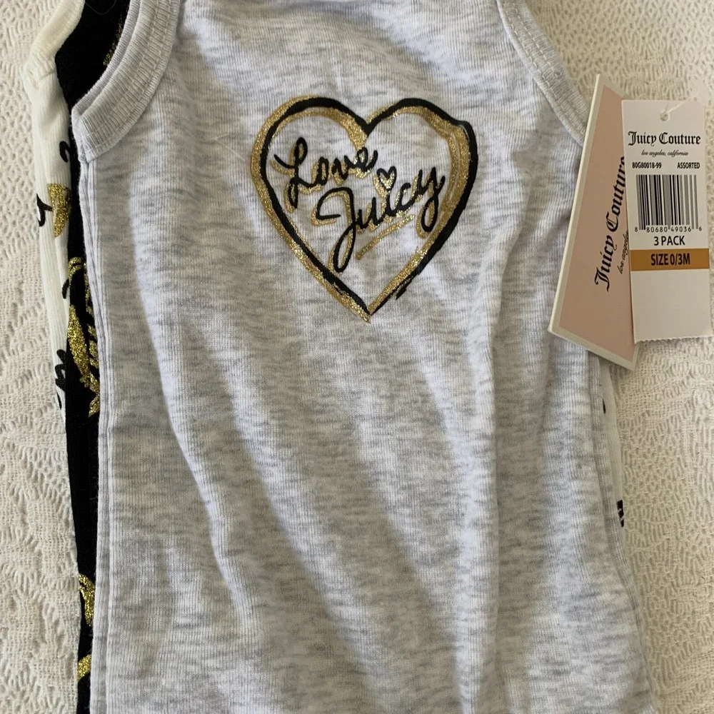 Juicy Couture Baby Girl 3 Piece Tank‎ Top Bodysuit Set~Black, Gray, Ivory & Gold